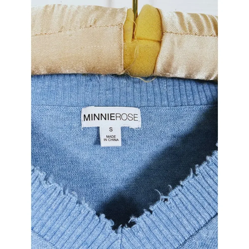 Minnie Rose Coastal Cashmere V-Neck Sweater Small Blue Preppy Quiet Luxury Soft